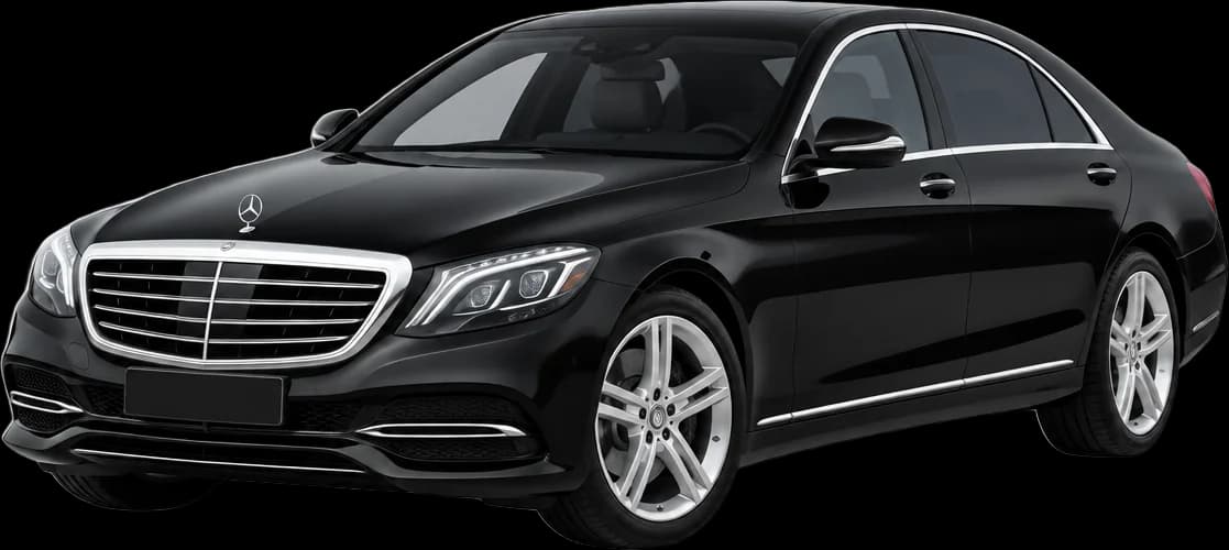 Siyah Mercedes S-Serisi sedan, önden çapraz görünüm
